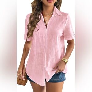 NWT Zeagoo Women Linen Button Down Shirt Rolled Cuffed Short Sleeve Blouse